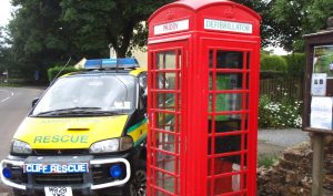 Priddy village phone box that holds the defibrillator to help heart victims. 